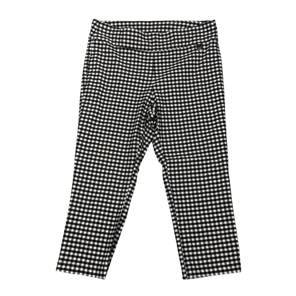 Rafaella Womens 14 Gingham Checkered Cropped Pants Black White Stretch Pull On